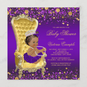 Afro-Amerikaanse Prinses Paars Goud Baby Shower Kaart
