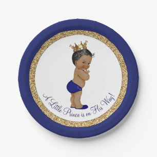 Afro-Amerikaanse Royal Blue Prince Baby shower Papieren Bordje