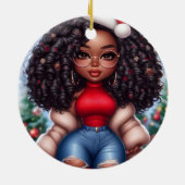 Afro-Amerikaanse Schattigee Kerstvrouw Keramisch Ornament (Achterkant)
