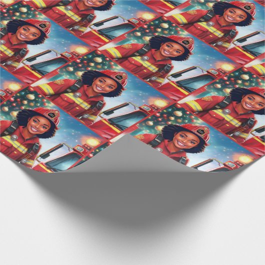 Afro-Amerikaanse Vrouw brandweerman kerst Cadeaupapier (Hoek)