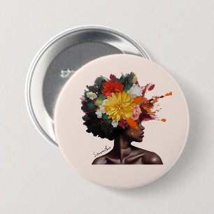 Afro-Amerikaanse Vrouw met Bloemen Afro Haar (2) Ronde Button 7,6 Cm