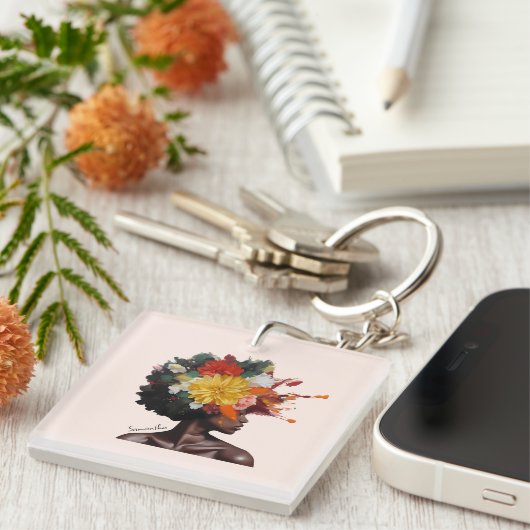 Afro-Amerikaanse Vrouw met Bloemen Afro Haar (2) Sleutelhanger (Voorkant Rechts)