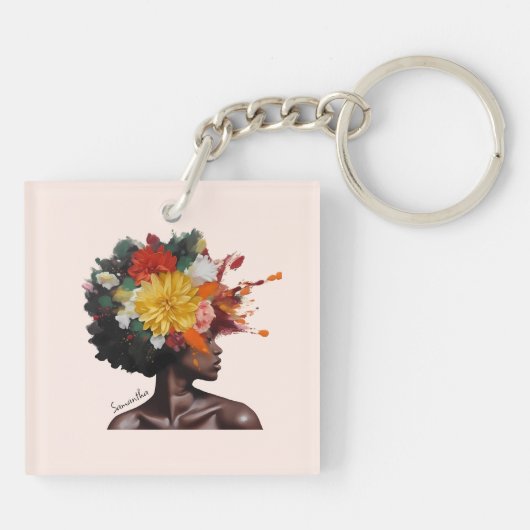 Afro-Amerikaanse Vrouw met Bloemen Afro Haar (2) Sleutelhanger (Achterkant)