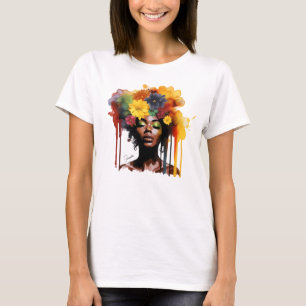 Afro-Amerikaanse Vrouw met Bloemen Afro Hair T-shirt