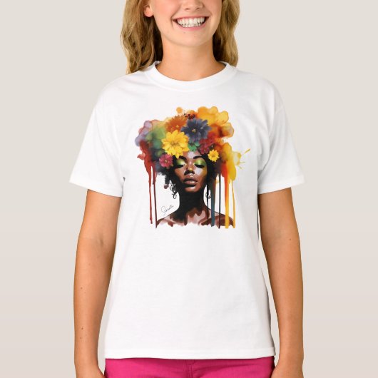 Afro-Amerikaanse Vrouw met Bloemen Afro Hair T-shirt (Voorkant)