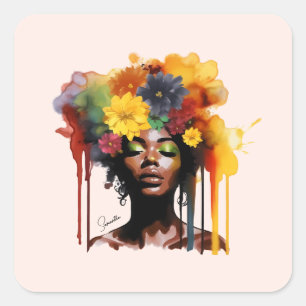 Afro-Amerikaanse Vrouw met Bloemen Afro Hair Vierkante Sticker