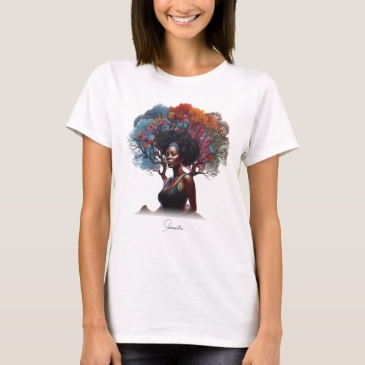 Afro-Amerikaanse vrouw met boomversierd haar T-shirt (Voorkant)
