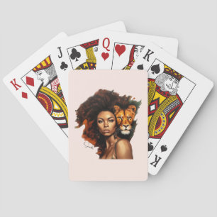 Afro-Amerikaanse vrouw met majestueuze leeuw Pokerkaarten