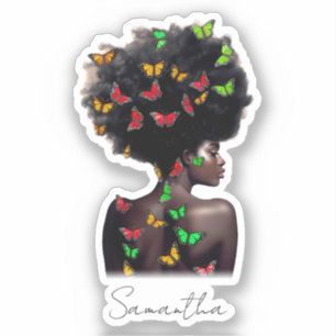 Afro-Amerikaanse vrouw met vlinder gevulde Afro Sticker
