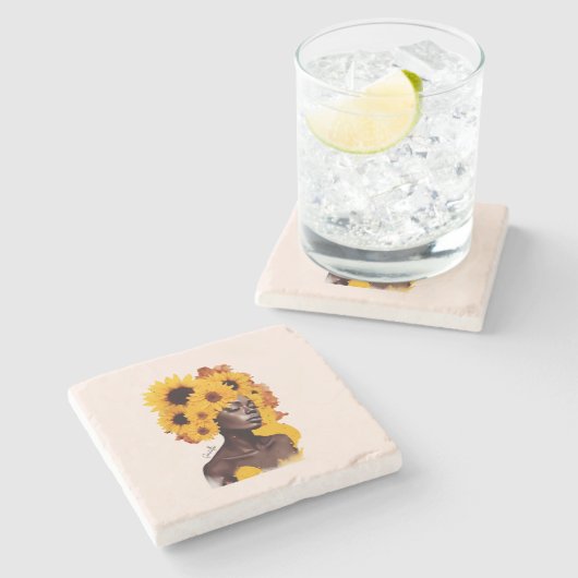 Afro-Amerikaanse vrouw met zonnebloem Afro haar Stenen Onderzetter (Zijkant)