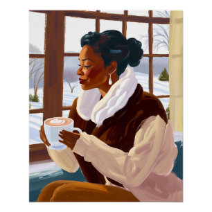 Afro-Amerikaanse vrouw nipt cacao in de winter Perfect Poster
