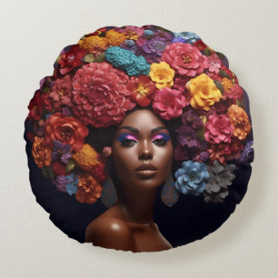 Afro-Amerikaanse vrouw zwart koningin melanine pop Rond Kussen