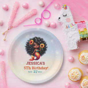 Afro-Amerikaanse zeemeermin 5e verjaardag Papieren Bordje