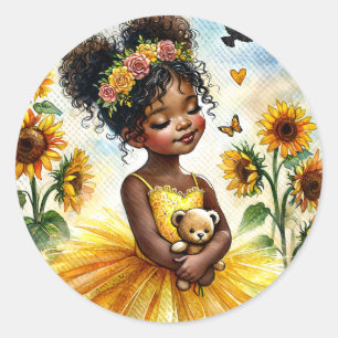 Afro-Amerikaanse zonnebloem meisje met teddybeer Ronde Sticker