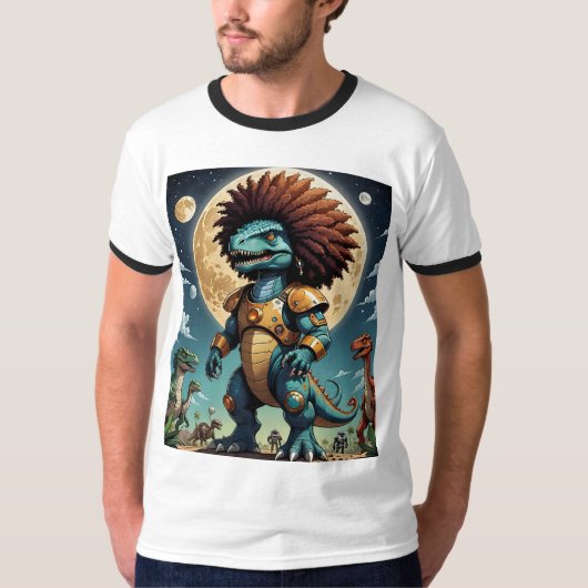 Afro Dinosaur dans l'armure spatiale Funny T-shirt (Devant)