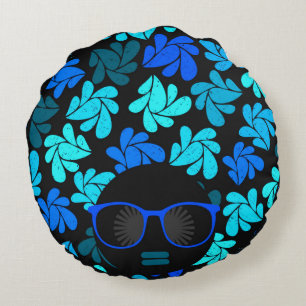 Afro Diva Blauw  Rond Kussen