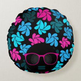 Afro Diva Turquoise & Hot Pink Rond Kussen