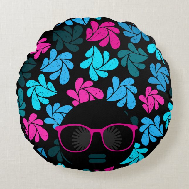Afro Diva Turquoise & Rose Chaud Coussin Rond (Devant)