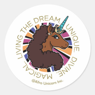 Afro Eenhoorn Living the Dream Design Ronde Sticker