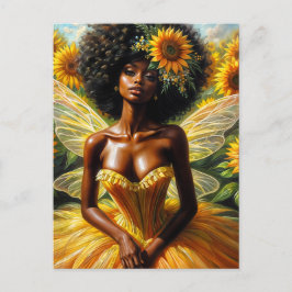 Afro Fairy Girl met donkere huid en zonnebloemen Briefkaart