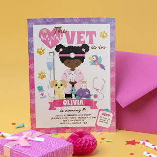 Afro Girl Vet Birthday Party Invitation Kaart