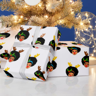 Afro Girls Santa Reindeer Kerstrode neus Cadeaupapier