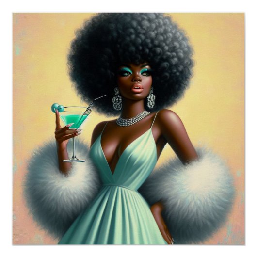 Afro Glam Femme Noire Art Mural Cocktail Rétro (Devant)
