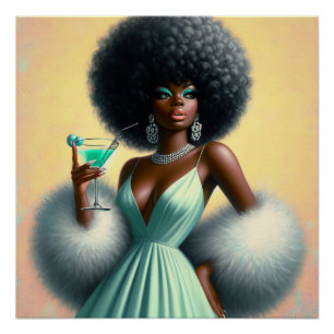 Afro Glam Zwarte Vrouw Retro Cocktail Muurkunst Perfect Poster