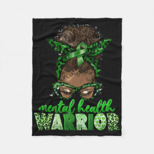 Afro Messy Bun Leopard Green Ribbon Mental Health Fleece Deken