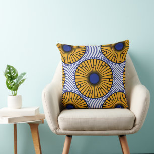 Afro Pop Blauw en Goud Ankara Print Kussen