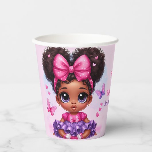 Afro Puff Baby Meisje Roze/Paarse Vlinder Verjaard Papieren Bekers (Voorkant)