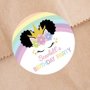 Afro Puff Unicorn Rainbows Birthday Party Favor Ronde Sticker