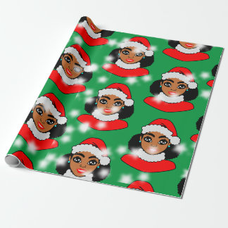 Afro Santa Puffs Black Girl Kerstmis Cadeaupapier