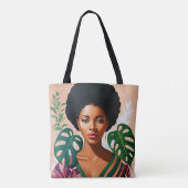 Afro Zwart Vrouw Monstera Deliciosa Botanisch Draagtas (Achterkant)