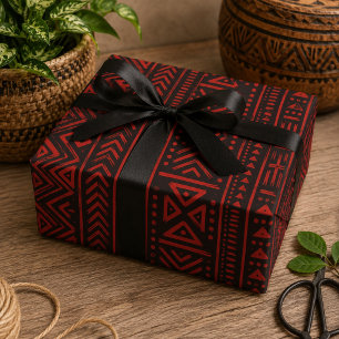 Afrocentrisch Vet Rode en Zwarte Tribale Geometris Cadeaupapier