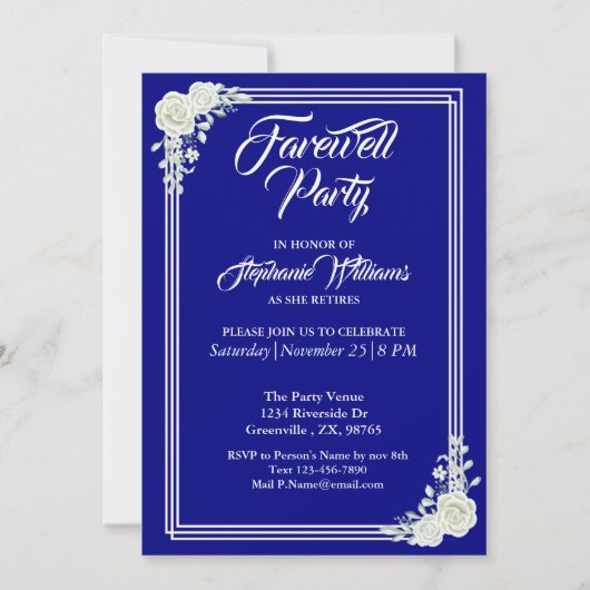 Afscheid Elegant Script Blauw Wit Rose Party Kaart (Voorkant)