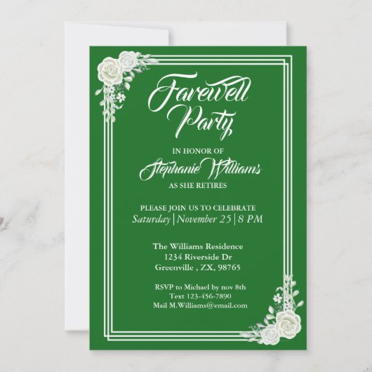 Afscheid Elegant Script Groen Wit Rose Party Kaart (Voorkant)
