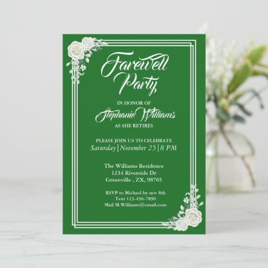 Afscheid Elegant Script Groen Wit Rose Party Kaart (Staand voorkant)