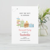 Afscheidsfeest reizen gaat weg save the date (Staand voorkant)