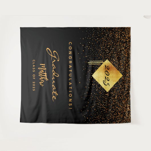 Afscheidspartij 2023 zwart goud confetti afgestude wandkleed (Voorkant (horizontaal))