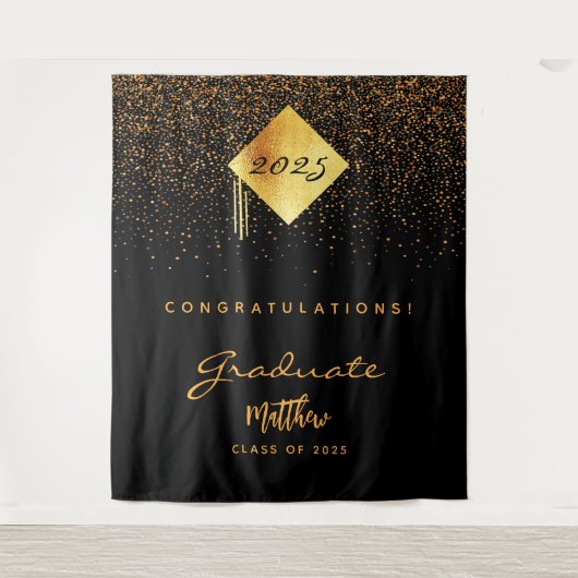 Afscheidspartij 2023 zwart goud confetti afgestude wandkleed (Voorkant)