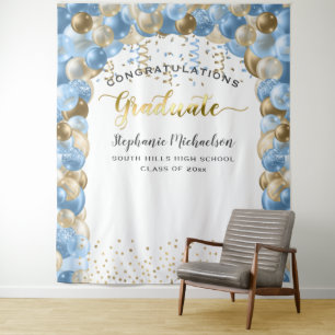 Afscheidspartij Blauwe Gouden Ballonnen Slingers Wandkleed