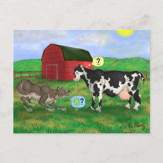 "Afspelen?" - hond en koe Briefkaart