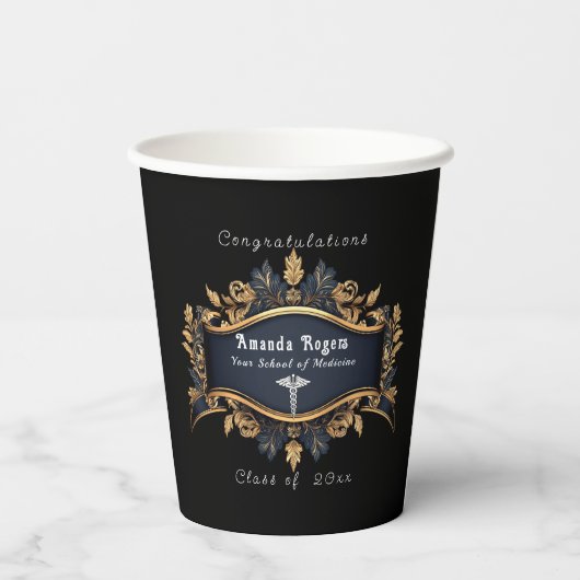 Afstudeercaduceus Elegant Zwart Goud Wit Papieren Bekers (Achterkant)