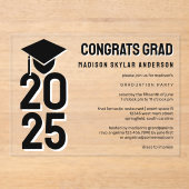 Afstudeerder 2025 Pet N Tassel Zwart-wit Afstudere Acryl Uitnodigingen (Voorkant)