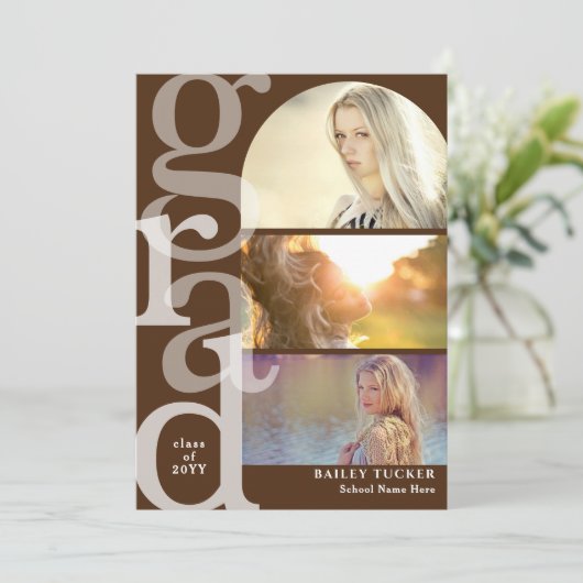 AFSTUDEERDER boog foto bruin Afstuderen aankondigi Bedankkaart (Staand voorkant)