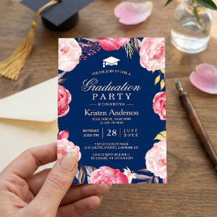 Afstudeerder Floral Wreath Navy Blue Graduation Pa Kaart