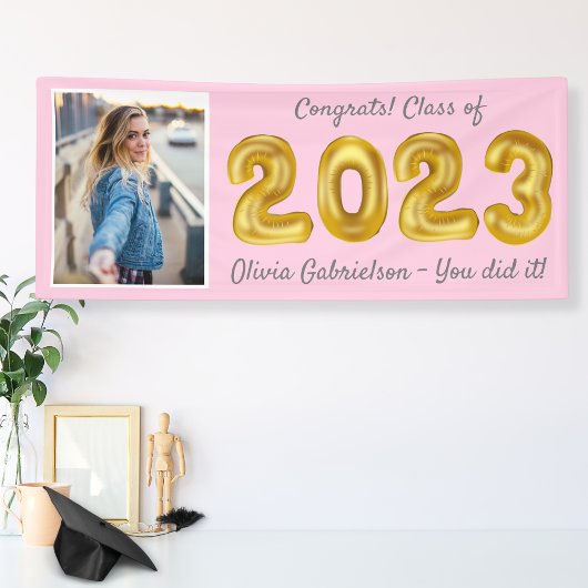 Afstudeerder Foto Gold Balloons 2023 Roze Afstuder Spandoek