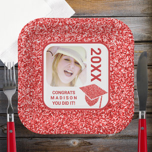 Afstudeerder Glam Red Pet Elegant Cool Photo Party Papieren Bordje