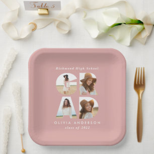 Afstudeerder met meerdere foto's roze, modern eleg papieren bordje